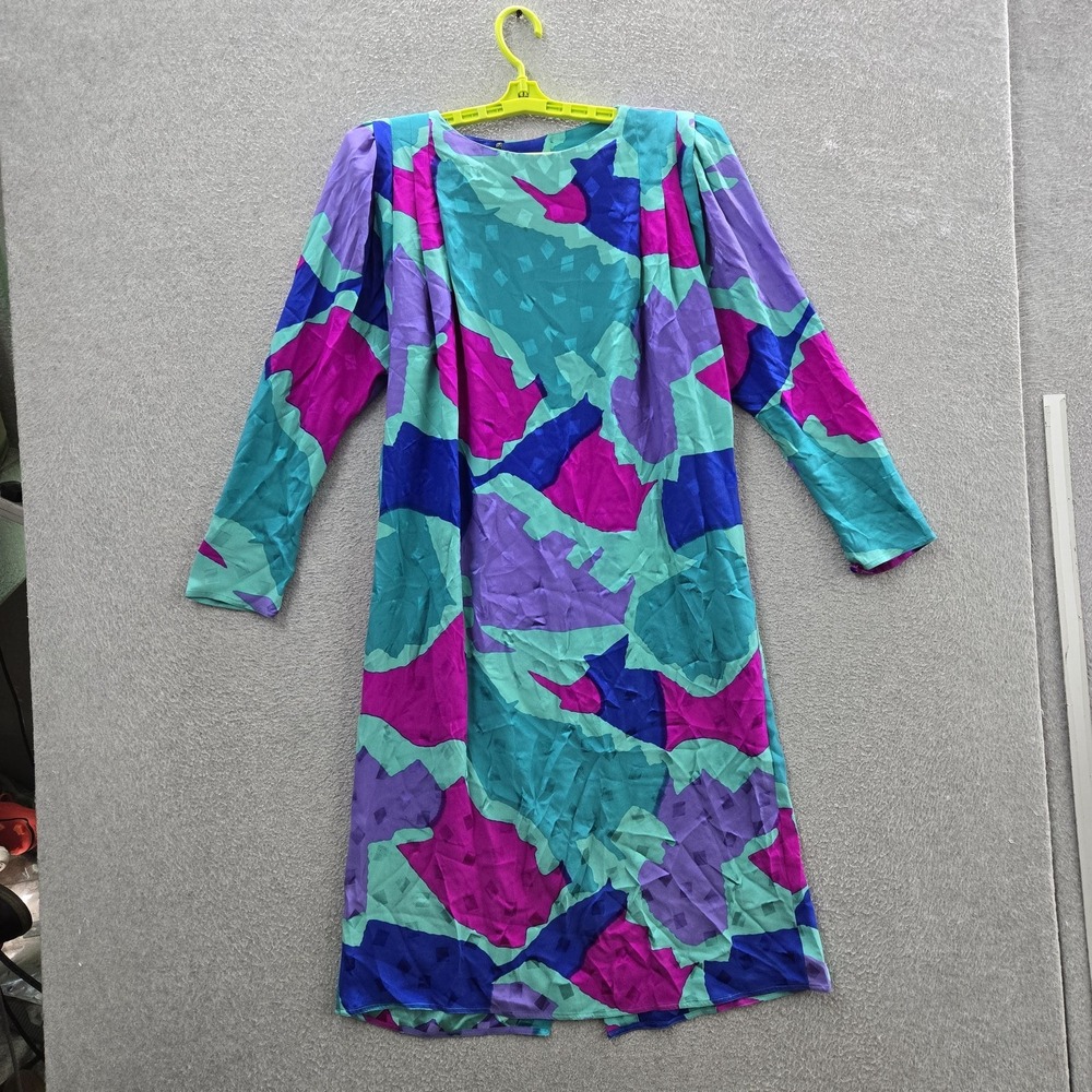 VINTAGE Raul Blanco Women Dress 8 Teal Silk Abstract Shift Artsy Garden 80s